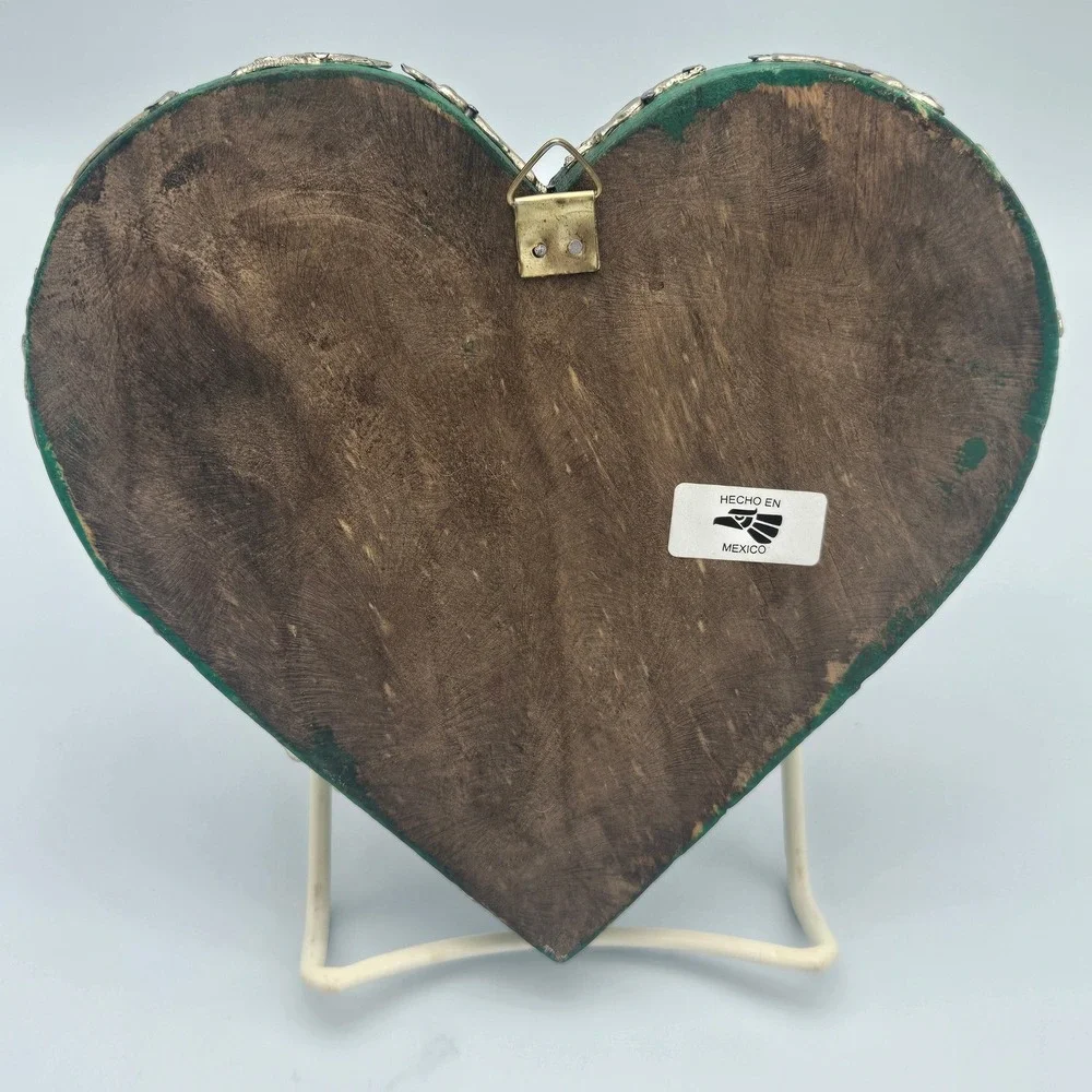 Mexican Milagros Green Painted Wood Heart Plaque Folk Art Wall Hanging Guadalupe